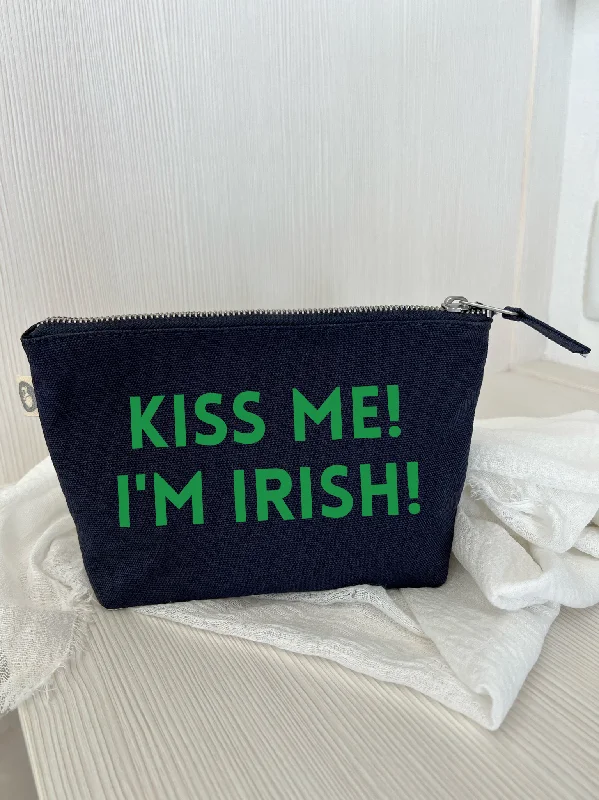 Bold Style Discounts Makeup Bag Navy with Kelly Green Matte Kiss me! I'm Irish! Trendy Purses, Limited Offer