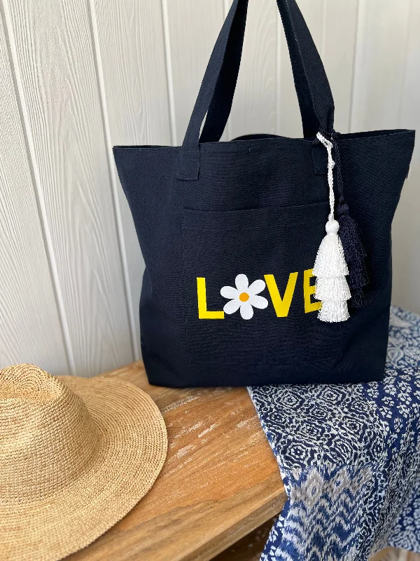 Weekend Exclusive Everything Bag Navy with White/Yellow Daisy LOVE - ONLY $44 WITH CODE: SUNNY Shoulder Bags, Best Deals Today
