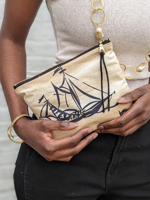 The Voyage Clutch Purse Black and Tan Sailing Ship Sketch Print