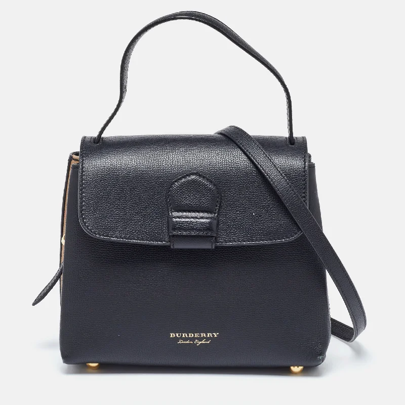 Burberry Black/beige Leather And House Check Fabric Small Camberley Top Handle Bag Designer Bags At Low Prices