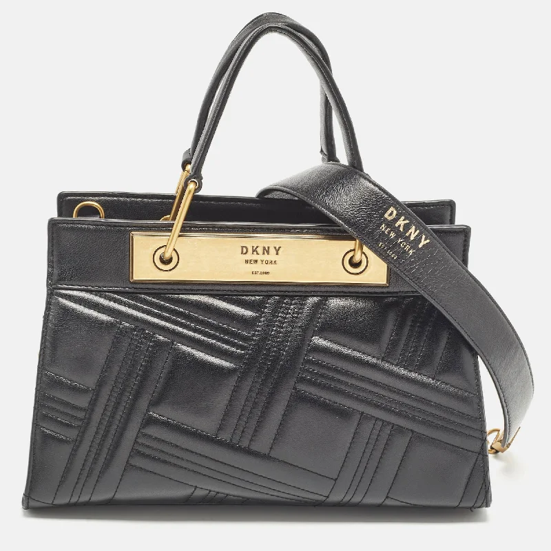Dkny Black Quilted Leather Frame Top Handle Bag Trendy Purses, Limited Offer