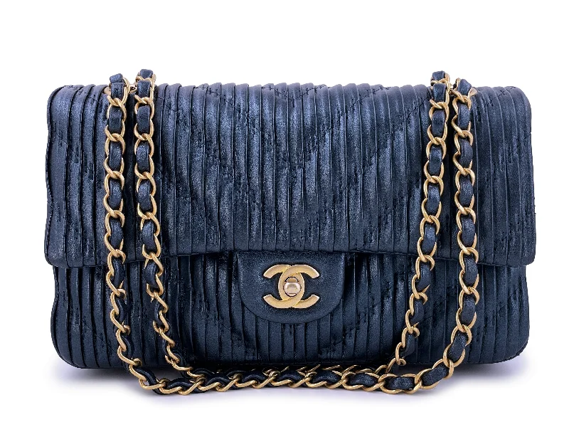 Chanel 2018 Pearly Navy Blue Pleated Chevron Medium Classic Double Flap Bag GHW Stylish Bags, Unbeatable Prices