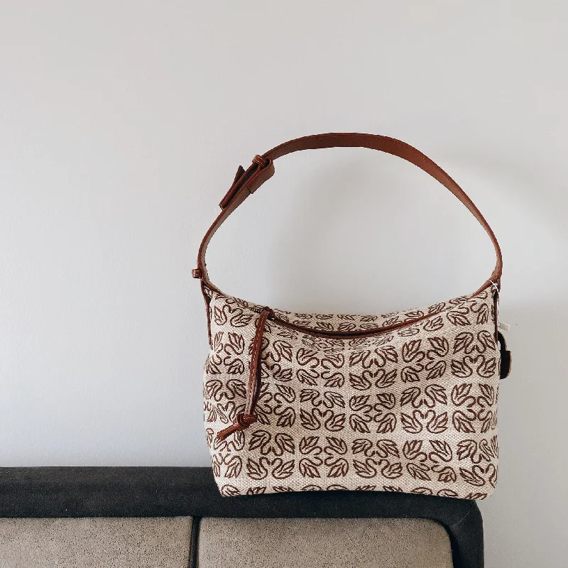 Jacquard Canvas Hobo Bag With Leather Trim